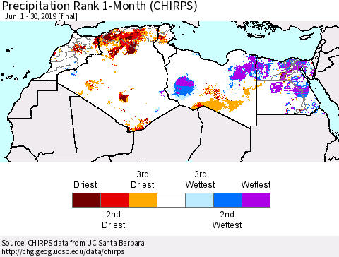 North Africa Precipitation Rank since 1981, 1-Month (CHIRPS) Thematic Map For 6/1/2019 - 6/30/2019