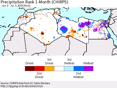 North Africa Precipitation Rank since 1981, 1-Month (CHIRPS) Thematic Map For 6/6/2019 - 7/5/2019
