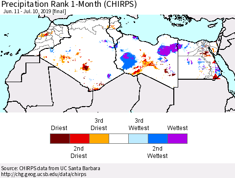 North Africa Precipitation Rank since 1981, 1-Month (CHIRPS) Thematic Map For 6/11/2019 - 7/10/2019