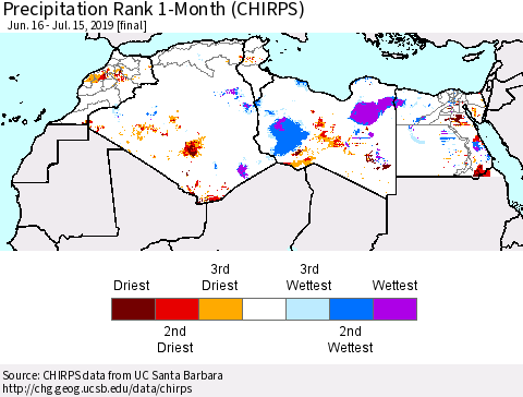 North Africa Precipitation Rank since 1981, 1-Month (CHIRPS) Thematic Map For 6/16/2019 - 7/15/2019