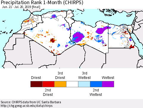 North Africa Precipitation Rank since 1981, 1-Month (CHIRPS) Thematic Map For 6/21/2019 - 7/20/2019