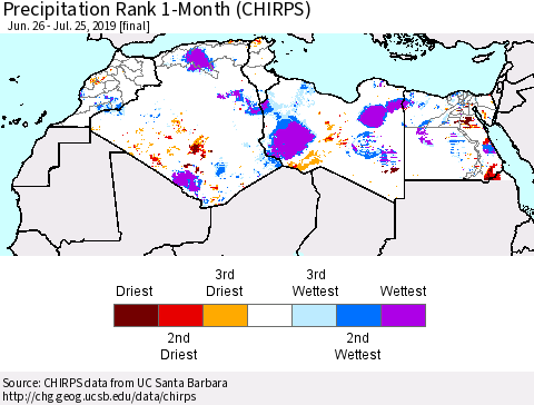 North Africa Precipitation Rank since 1981, 1-Month (CHIRPS) Thematic Map For 6/26/2019 - 7/25/2019