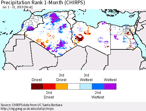 North Africa Precipitation Rank since 1981, 1-Month (CHIRPS) Thematic Map For 7/1/2019 - 7/31/2019