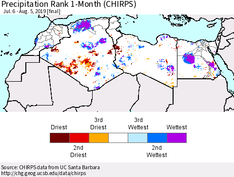 North Africa Precipitation Rank since 1981, 1-Month (CHIRPS) Thematic Map For 7/6/2019 - 8/5/2019