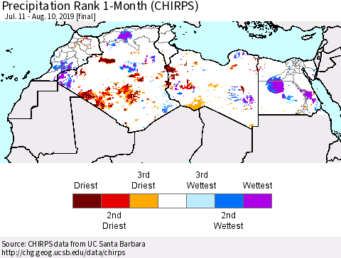 North Africa Precipitation Rank since 1981, 1-Month (CHIRPS) Thematic Map For 7/11/2019 - 8/10/2019