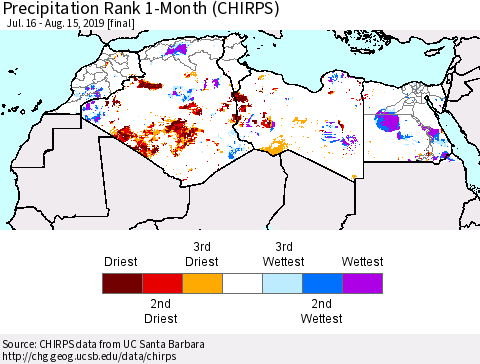 North Africa Precipitation Rank since 1981, 1-Month (CHIRPS) Thematic Map For 7/16/2019 - 8/15/2019