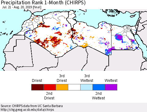 North Africa Precipitation Rank since 1981, 1-Month (CHIRPS) Thematic Map For 7/21/2019 - 8/20/2019