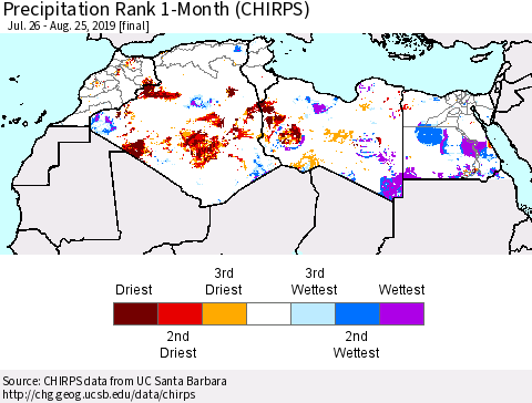 North Africa Precipitation Rank since 1981, 1-Month (CHIRPS) Thematic Map For 7/26/2019 - 8/25/2019