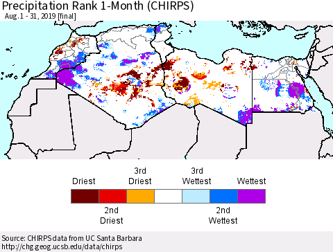 North Africa Precipitation Rank since 1981, 1-Month (CHIRPS) Thematic Map For 8/1/2019 - 8/31/2019