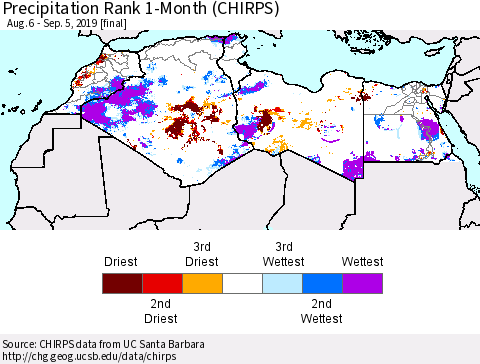 North Africa Precipitation Rank since 1981, 1-Month (CHIRPS) Thematic Map For 8/6/2019 - 9/5/2019