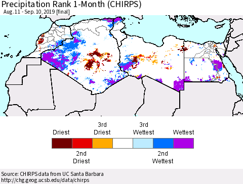 North Africa Precipitation Rank since 1981, 1-Month (CHIRPS) Thematic Map For 8/11/2019 - 9/10/2019