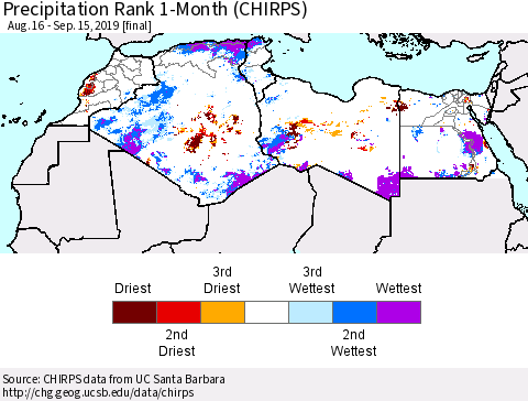 North Africa Precipitation Rank since 1981, 1-Month (CHIRPS) Thematic Map For 8/16/2019 - 9/15/2019