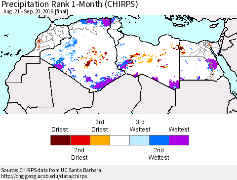 North Africa Precipitation Rank since 1981, 1-Month (CHIRPS) Thematic Map For 8/21/2019 - 9/20/2019