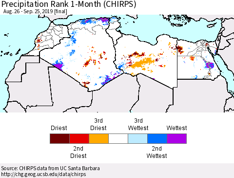 North Africa Precipitation Rank since 1981, 1-Month (CHIRPS) Thematic Map For 8/26/2019 - 9/25/2019