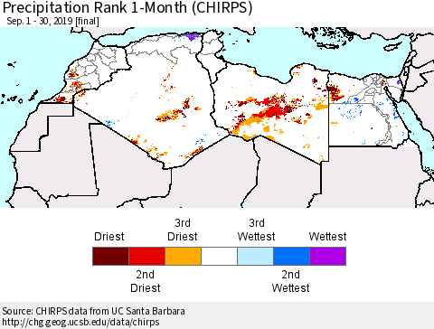 North Africa Precipitation Rank since 1981, 1-Month (CHIRPS) Thematic Map For 9/1/2019 - 9/30/2019