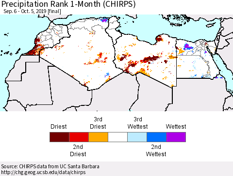 North Africa Precipitation Rank since 1981, 1-Month (CHIRPS) Thematic Map For 9/6/2019 - 10/5/2019