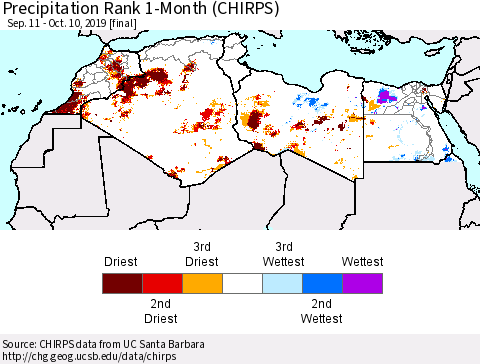 North Africa Precipitation Rank since 1981, 1-Month (CHIRPS) Thematic Map For 9/11/2019 - 10/10/2019