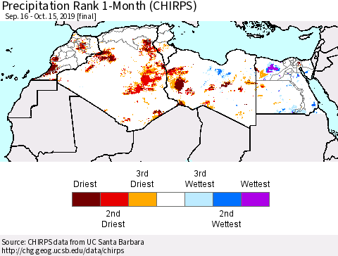 North Africa Precipitation Rank since 1981, 1-Month (CHIRPS) Thematic Map For 9/16/2019 - 10/15/2019