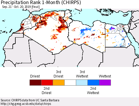 North Africa Precipitation Rank since 1981, 1-Month (CHIRPS) Thematic Map For 9/21/2019 - 10/20/2019