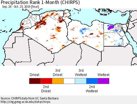 North Africa Precipitation Rank since 1981, 1-Month (CHIRPS) Thematic Map For 9/26/2019 - 10/25/2019