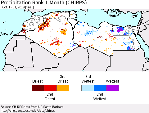 North Africa Precipitation Rank since 1981, 1-Month (CHIRPS) Thematic Map For 10/1/2019 - 10/31/2019