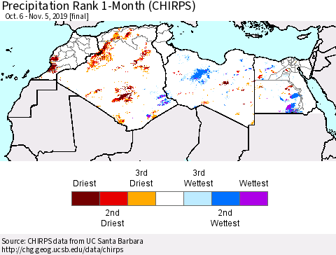 North Africa Precipitation Rank since 1981, 1-Month (CHIRPS) Thematic Map For 10/6/2019 - 11/5/2019