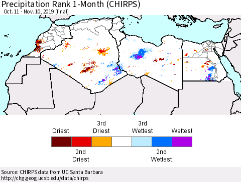 North Africa Precipitation Rank since 1981, 1-Month (CHIRPS) Thematic Map For 10/11/2019 - 11/10/2019