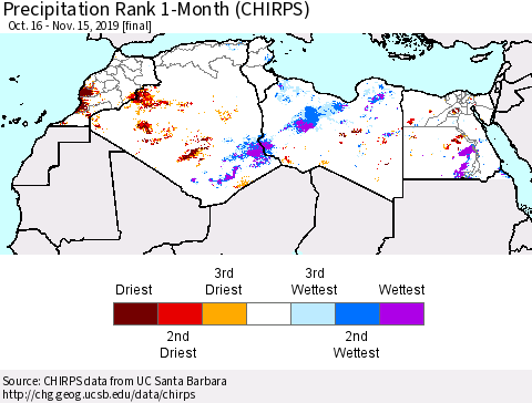 North Africa Precipitation Rank since 1981, 1-Month (CHIRPS) Thematic Map For 10/16/2019 - 11/15/2019