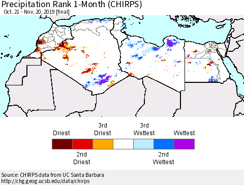 North Africa Precipitation Rank since 1981, 1-Month (CHIRPS) Thematic Map For 10/21/2019 - 11/20/2019