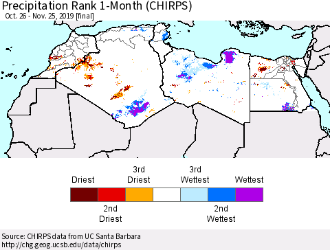 North Africa Precipitation Rank since 1981, 1-Month (CHIRPS) Thematic Map For 10/26/2019 - 11/25/2019