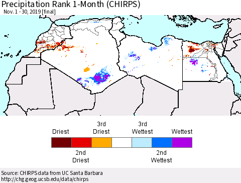 North Africa Precipitation Rank since 1981, 1-Month (CHIRPS) Thematic Map For 11/1/2019 - 11/30/2019