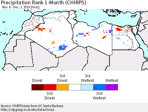 North Africa Precipitation Rank since 1981, 1-Month (CHIRPS) Thematic Map For 11/6/2019 - 12/5/2019