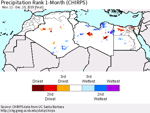 North Africa Precipitation Rank since 1981, 1-Month (CHIRPS) Thematic Map For 11/11/2019 - 12/10/2019