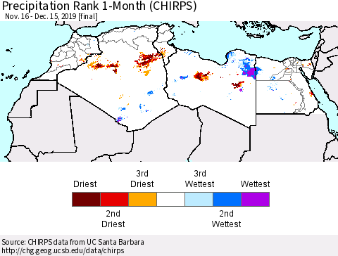 North Africa Precipitation Rank since 1981, 1-Month (CHIRPS) Thematic Map For 11/16/2019 - 12/15/2019