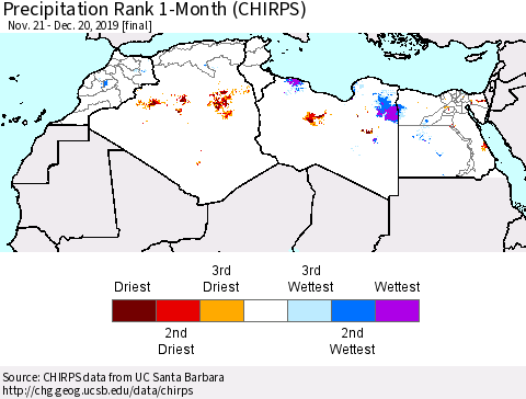 North Africa Precipitation Rank since 1981, 1-Month (CHIRPS) Thematic Map For 11/21/2019 - 12/20/2019