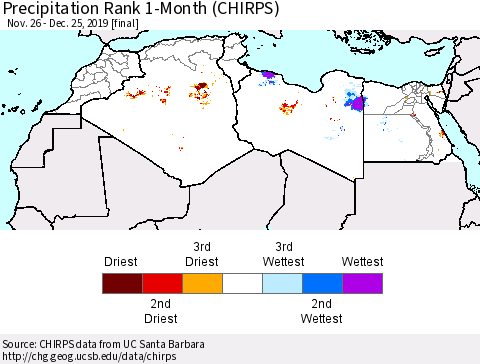 North Africa Precipitation Rank since 1981, 1-Month (CHIRPS) Thematic Map For 11/26/2019 - 12/25/2019