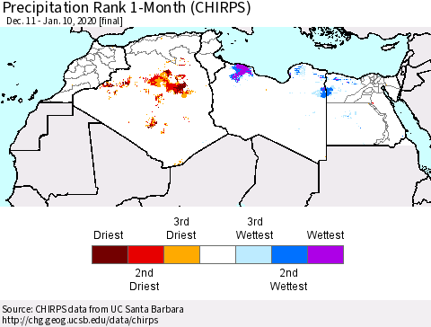 North Africa Precipitation Rank since 1981, 1-Month (CHIRPS) Thematic Map For 12/11/2019 - 1/10/2020