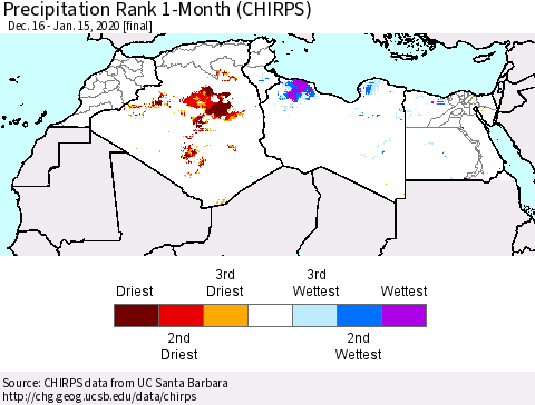 North Africa Precipitation Rank since 1981, 1-Month (CHIRPS) Thematic Map For 12/16/2019 - 1/15/2020