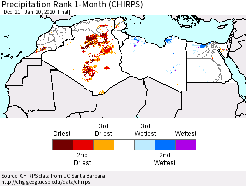 North Africa Precipitation Rank since 1981, 1-Month (CHIRPS) Thematic Map For 12/21/2019 - 1/20/2020