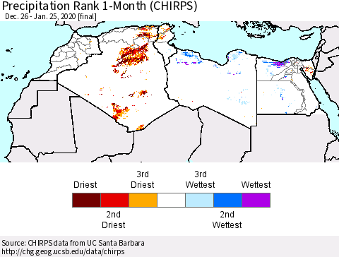 North Africa Precipitation Rank since 1981, 1-Month (CHIRPS) Thematic Map For 12/26/2019 - 1/25/2020