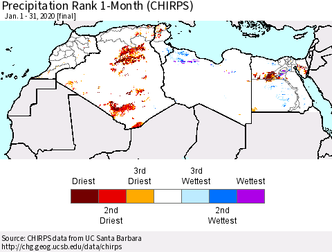 North Africa Precipitation Rank since 1981, 1-Month (CHIRPS) Thematic Map For 1/1/2020 - 1/31/2020