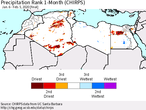 North Africa Precipitation Rank since 1981, 1-Month (CHIRPS) Thematic Map For 1/6/2020 - 2/5/2020