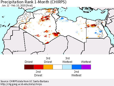 North Africa Precipitation Rank since 1981, 1-Month (CHIRPS) Thematic Map For 1/11/2020 - 2/10/2020
