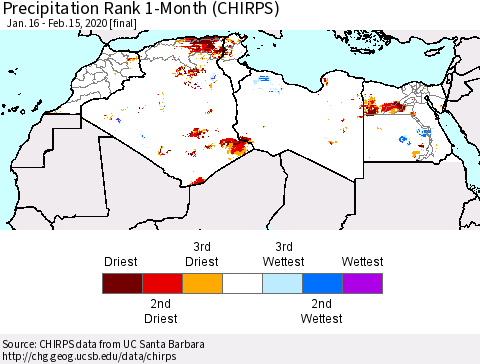 North Africa Precipitation Rank since 1981, 1-Month (CHIRPS) Thematic Map For 1/16/2020 - 2/15/2020