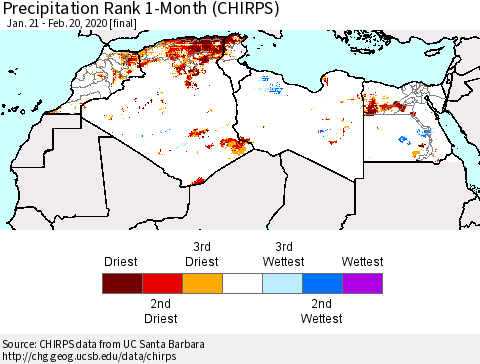 North Africa Precipitation Rank since 1981, 1-Month (CHIRPS) Thematic Map For 1/21/2020 - 2/20/2020