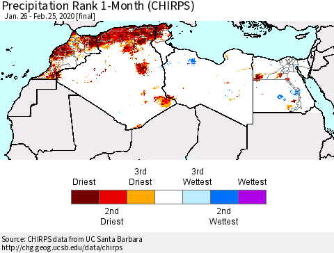 North Africa Precipitation Rank since 1981, 1-Month (CHIRPS) Thematic Map For 1/26/2020 - 2/25/2020