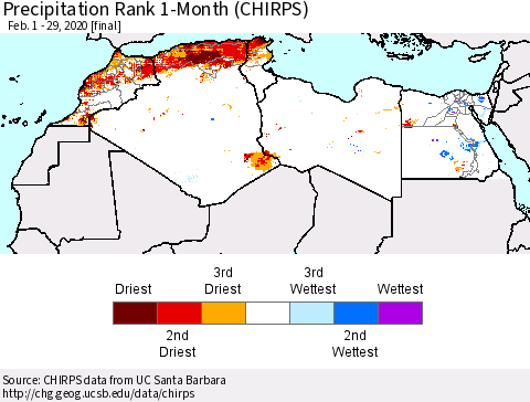 North Africa Precipitation Rank since 1981, 1-Month (CHIRPS) Thematic Map For 2/1/2020 - 2/29/2020