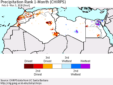 North Africa Precipitation Rank since 1981, 1-Month (CHIRPS) Thematic Map For 2/6/2020 - 3/5/2020