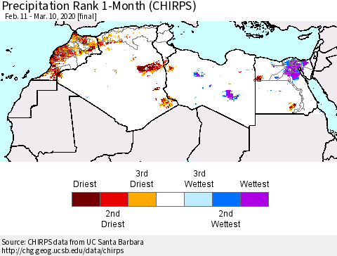 North Africa Precipitation Rank since 1981, 1-Month (CHIRPS) Thematic Map For 2/11/2020 - 3/10/2020