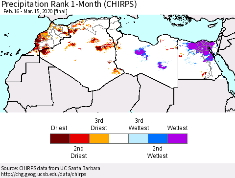 North Africa Precipitation Rank since 1981, 1-Month (CHIRPS) Thematic Map For 2/16/2020 - 3/15/2020